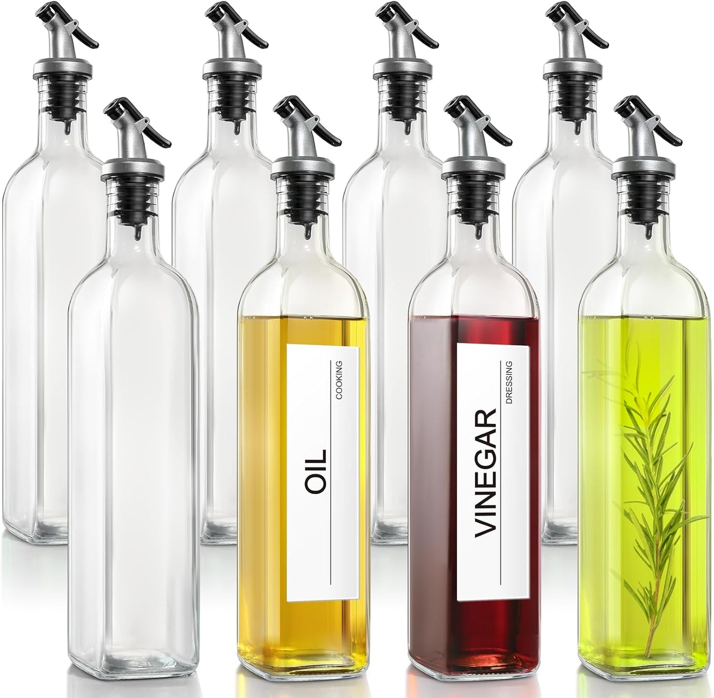 gmisun Olive Oil Dispenser for Kitchen, 4 Pack 17 fl oz Glass Oil Dispensers Bottle, Cooking Soy Sauce Bottle Container Cruet with Plastic Pourer Spout, Funnel and Labels, Clear