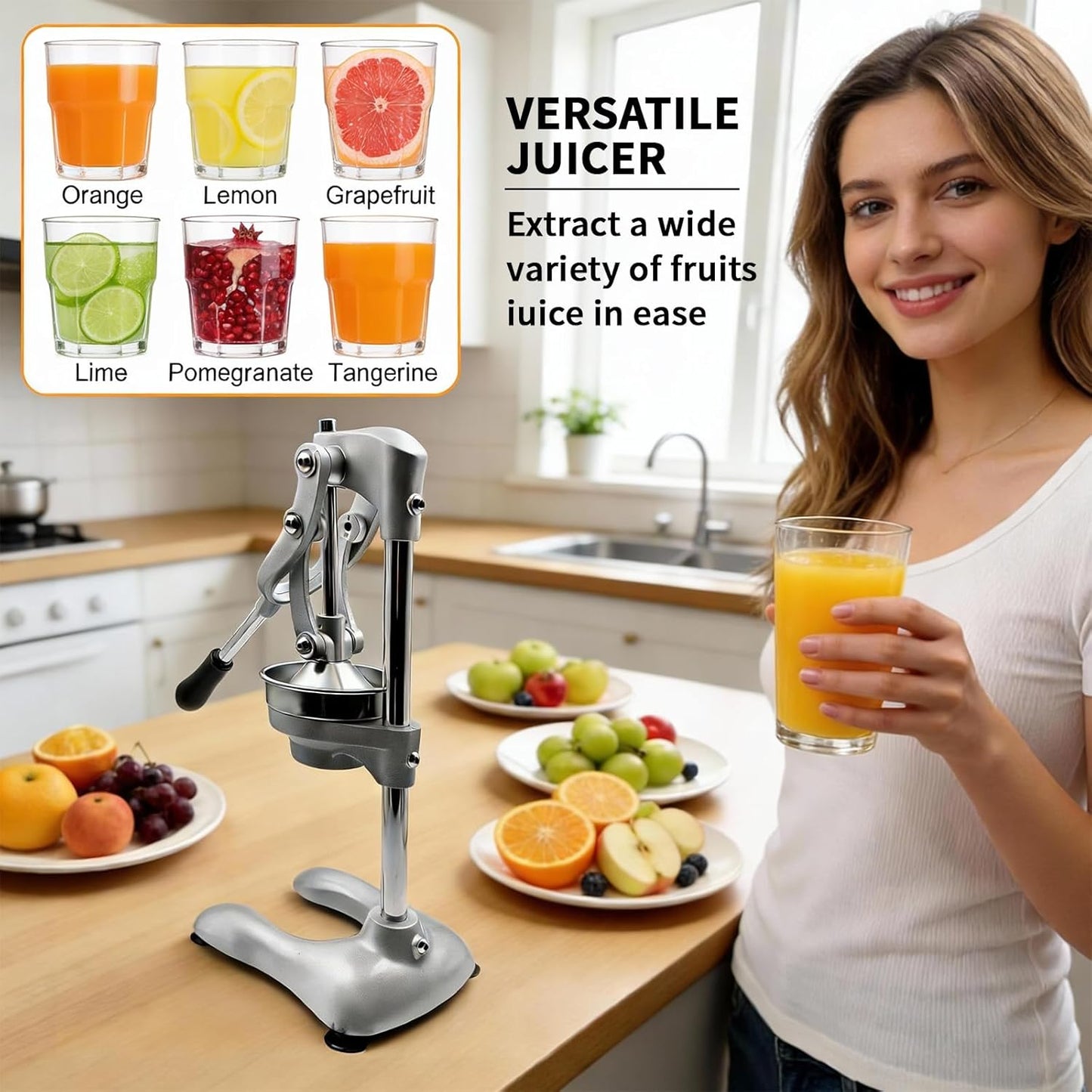 Cast Iron Manual Juicer, Full 304 Stainless Steel, Gravity Press Lever, Effortless Hand Press Juicer for Citrus Lemon Lime Grapefruit, Easy to Clean with Wide Stable Base (Silver)