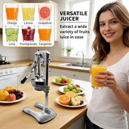 Cast Iron Manual Juicer, Full 304 Stainless Steel, Gravity Press Lever, Effortless Hand Press Juicer for Citrus Lemon Lime Grapefruit, Easy to Clean with Wide Stable Base (Silver)