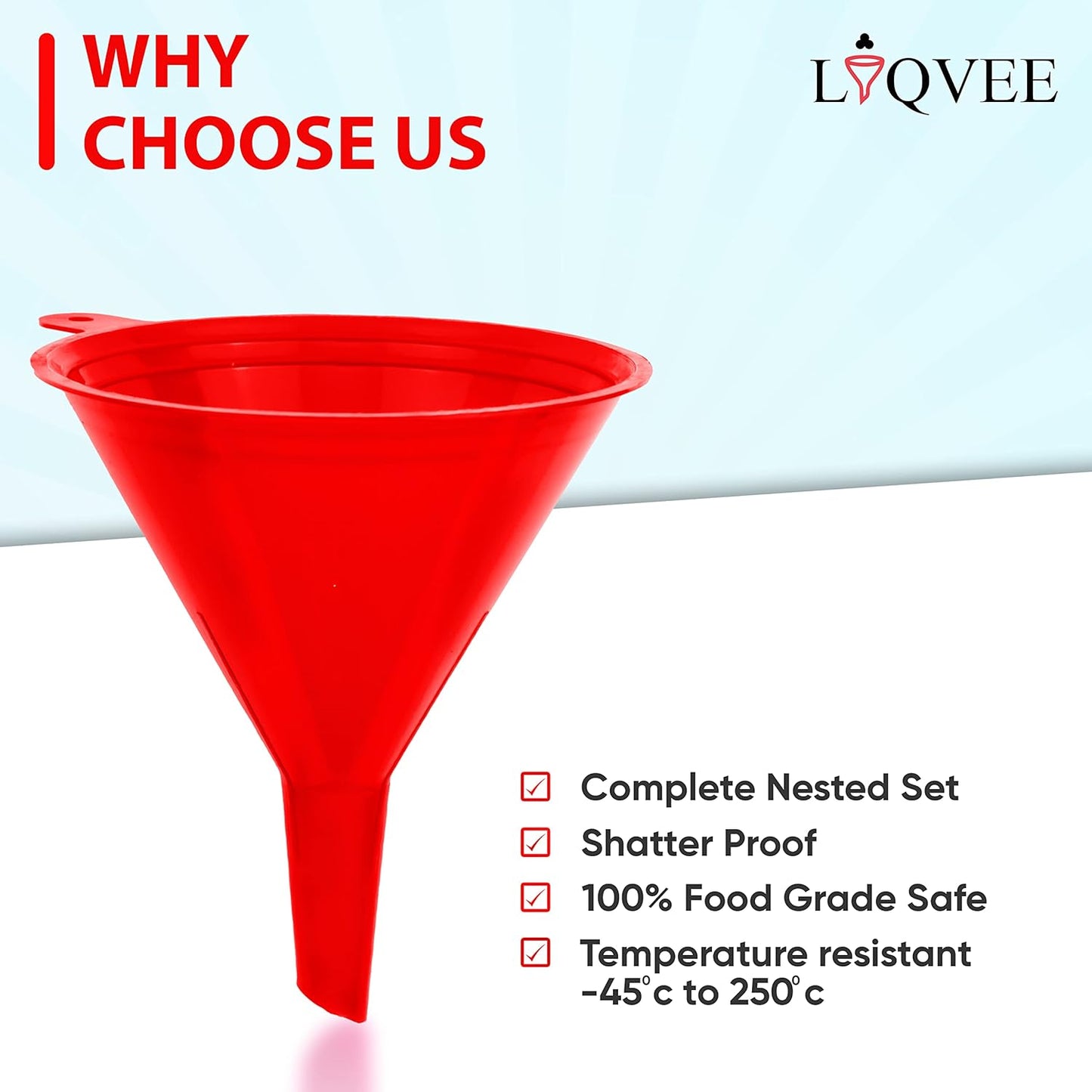 LIQVEE™ Funnel Set (4 Sizes: 122, 101, 76, 50mm) - Durable, Non-Toxic, Food-Grade Plastic funnels for Filling Bottles and containers. Ideal for Kitchen, Garage, or Labs. Perfect for Precise Pouring.