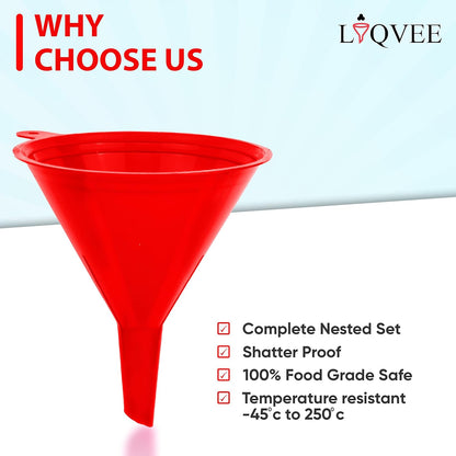 LIQVEE™ Funnel Set (4 Sizes: 122, 101, 76, 50mm) - Durable, Non-Toxic, Food-Grade Plastic funnels for Filling Bottles and containers. Ideal for Kitchen, Garage, or Labs. Perfect for Precise Pouring.