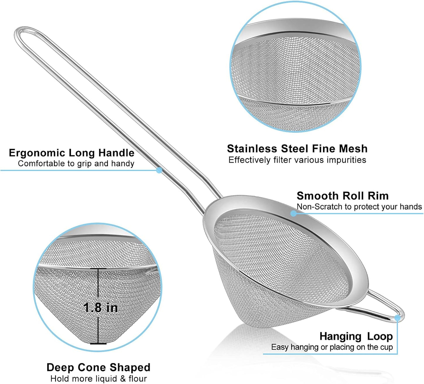 TeamFar Fine Mesh Strainer Set of 2, 3.3’’ Stainless Steel Small Conical Cone Mesh Tea Strainer for Cocktails Coffee Juice Tea, Healthy & Easy Clean, Long Handle & Hanging Loop, Silver