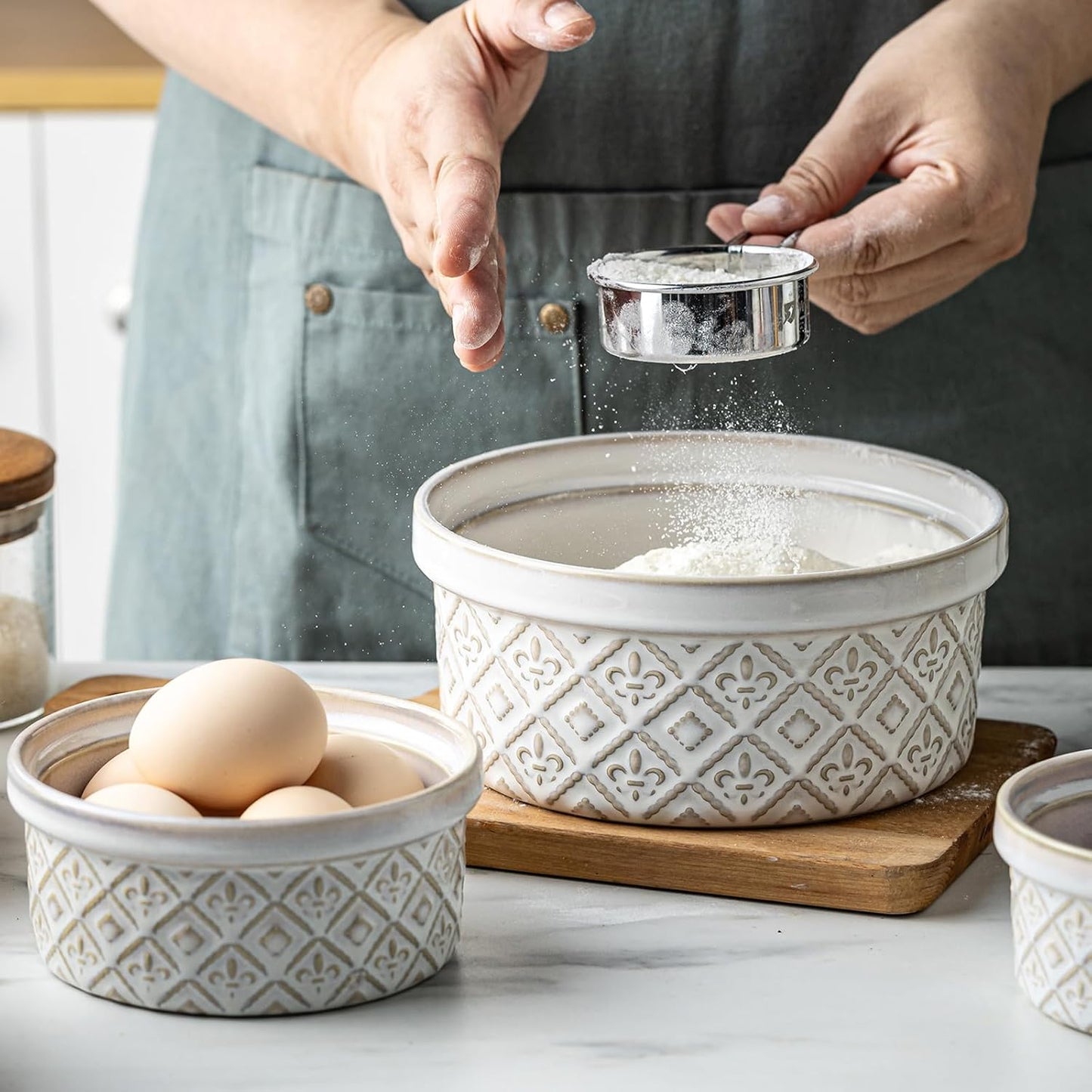 40 Oz Ramekins Ceramic Airtight Bowls Set of 4 - Large Mixing Bowls with Lids Set for Salad, Pho, Soup, Pasta, Dessert, Serving, Oatmeal, Baking Dishes, Dishwasher & Microwave Safe, Beige