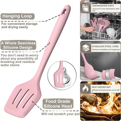 Silicone Cooking Kitchen Utensil Set, AIKKIL 43 Pcs Pink Cooking Utensils Set, Turner, Tongs, Spoon, Spatula, Kitchen Gadgets Tools Set For Nonstick Cookware, Heat Resistant (Dishwasher, BPA Free)