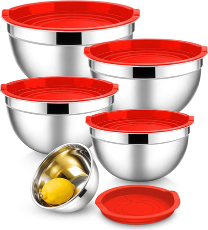 E-far Mixing Bowls with Lids, 6-Piece Stainless Steel Salad Bowls Metal Nesting Bowls for Baking Cooking and Prepping, Airtight Lids & Stackable Design, Size 4.5, 3, 1.5 QT (Black)