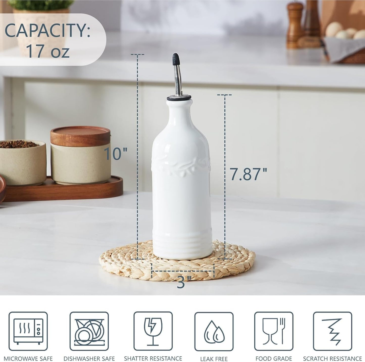 ONEMORE Ceramic Olive Oil Dispenser Bottle with Pour Spouts & Funnel, 17 oz Refillable Kitchen Oil Dispenser for Cooking, Drizzling, Dressing, Modern Leakproof Oil and Vinegar Dispenser, White