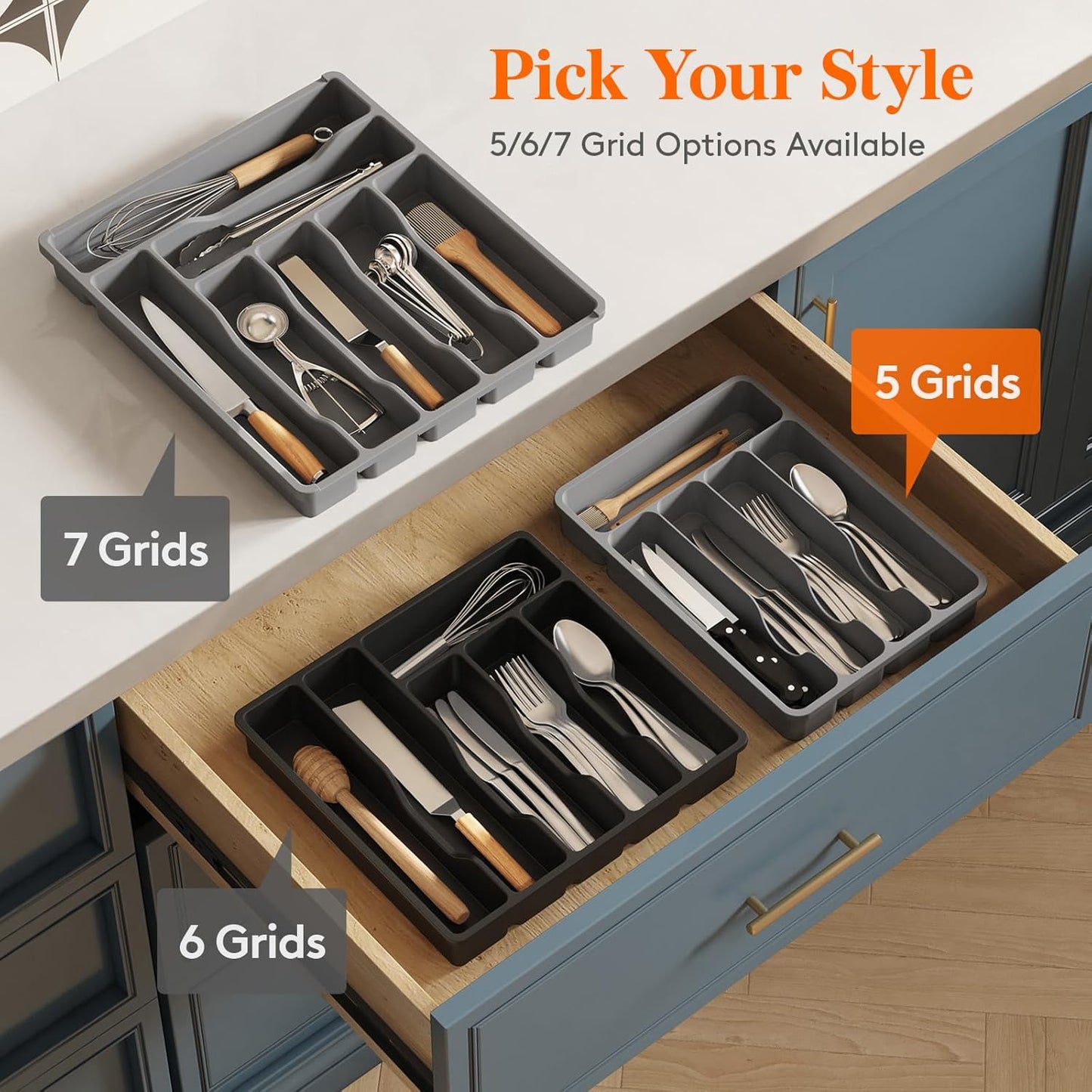 Lifewit Silverware Drawer Organizer Tray, Plastic Cutlery Storage for Kitchen, Flatware and Utensil Holder Divider for Spoons Forks Knives Tableware, 9.1 x 12.6", 5 Slots, Black