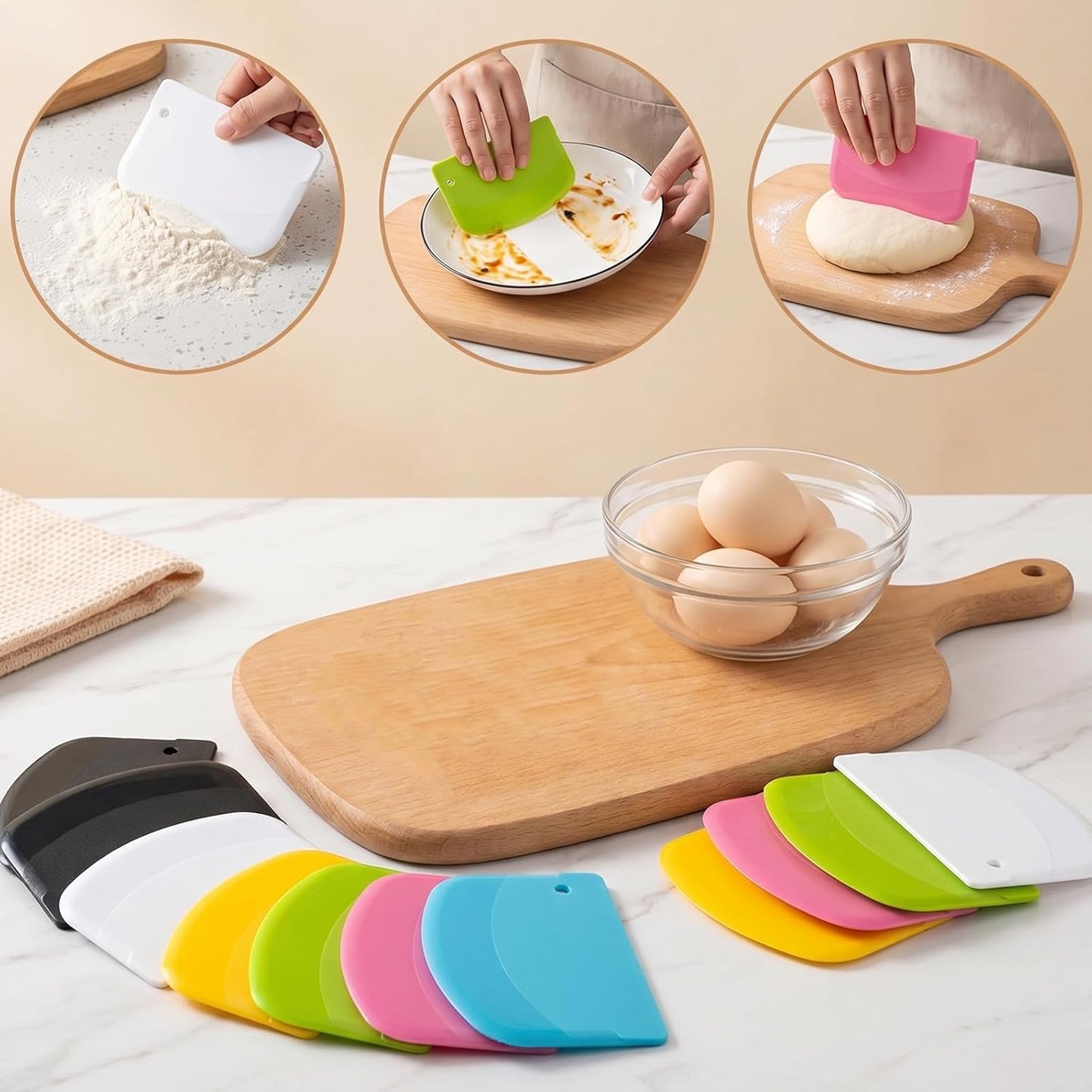 TIESOME 12PCS Dough Scraper, Plastic Thickened Bench Scraper 6 Colors Multipurpose Bowl Scraper for Kitchen, Baking, Cake, Bread, Pizza, and Pastry