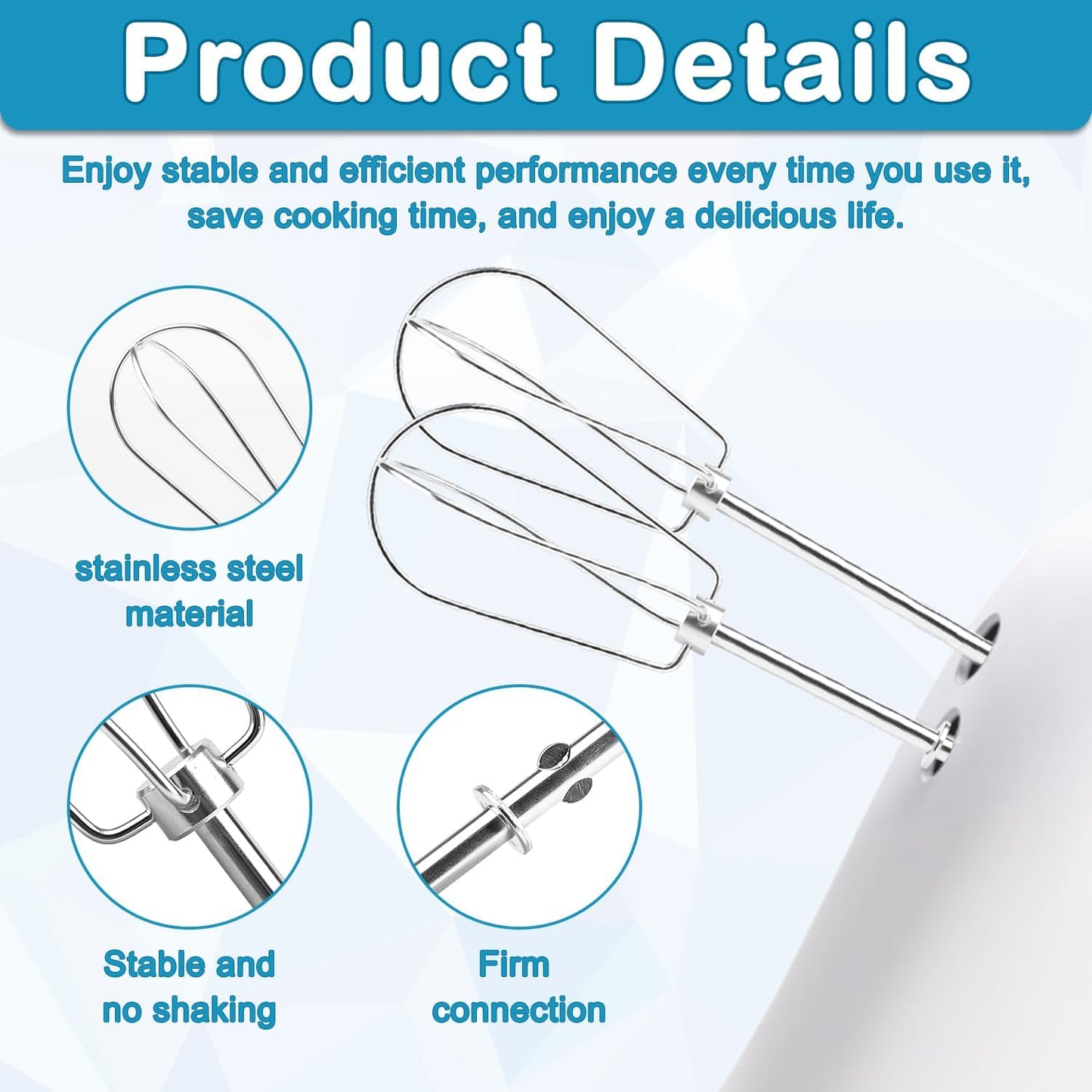 6 Pcs Hand Mixer Beater Attachments for KitchenAid Hand Mixers KHM3 KHM5 KHM7 KHM9, Stainless Steel Hand Mixer Beaters, Whisk, Blending Rod and Dough Hooks