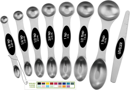 Spring Chef Stainless Steel Magnetic Measuring Spoons Set with Strong Magnets, Heavy Duty Metal Kitchen Essentials - Fits in Most Kitchen Spice Jars, Multicolor, Set of 8 with Leveler