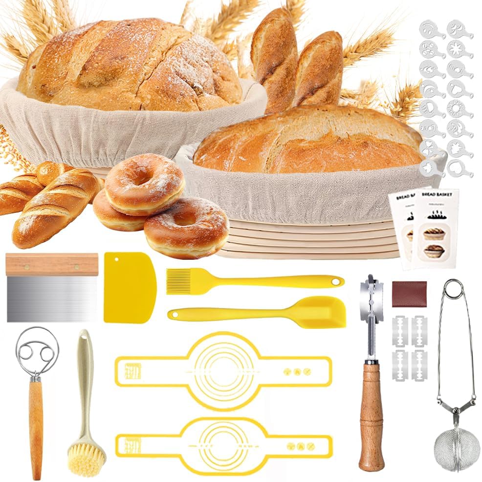 Aoocan Sourdough Starter Kit for Beginners, Bread Baking Supplies & Bread Making Tools – 9 Inch Round & 10 Inch Oval Banneton Bread Proofing Basket Set with Dough Whisk, Lame, Scraper & Brush