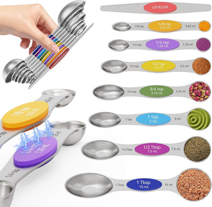 Magnetic Measuring Cups and Spoons Set - 304 Stainless Steel | Dual-sided Design | Set of 15 with Leveler | Strong N52 Magnetic Nesting Design | for Dry & Liquid Ingredients (Black)