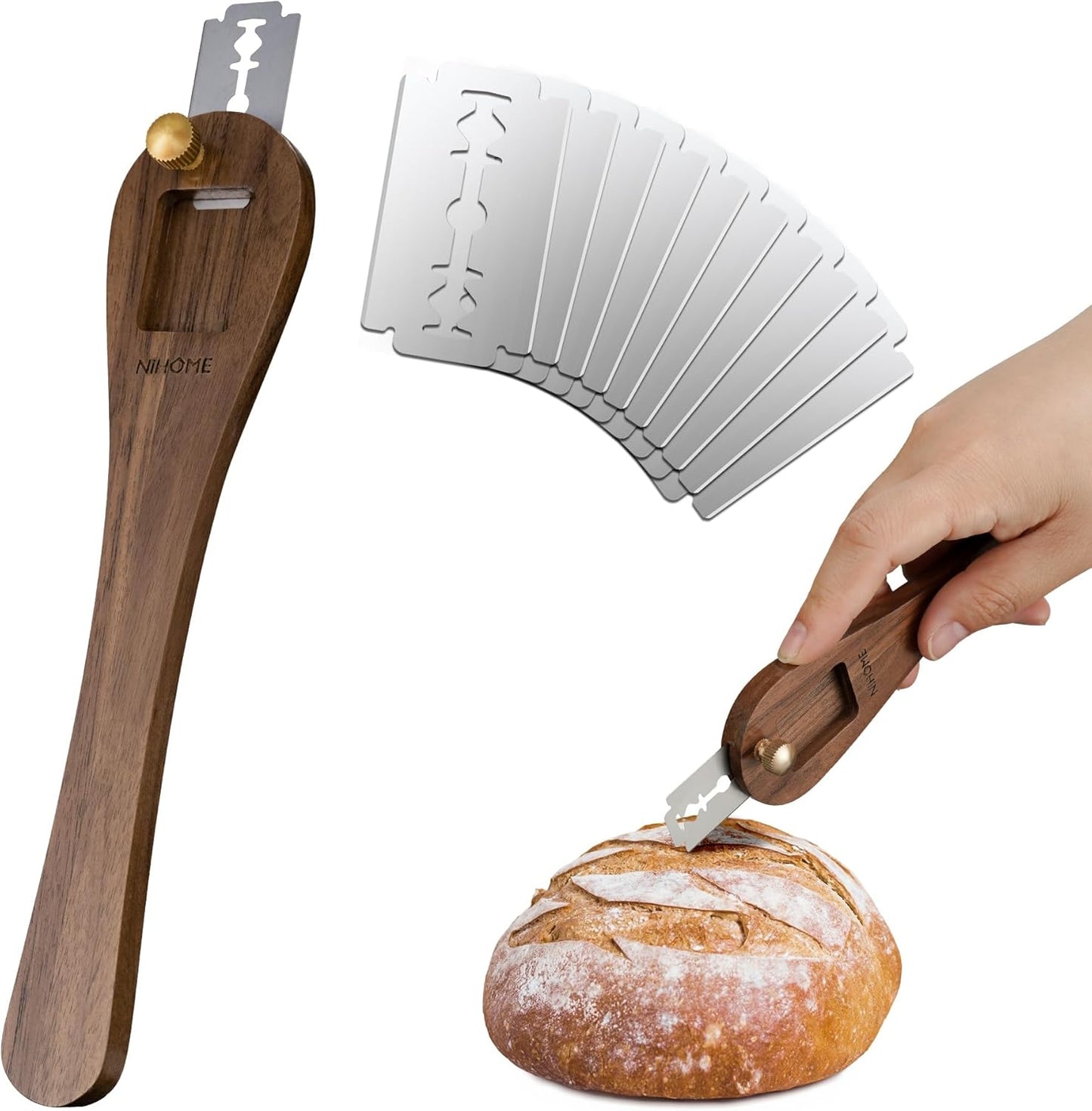 NiHome Bread Lame with Extractable Blade and Magnetic Back, Push-Pull Design for Secure Blade Locking, Easy-to-Use Walnut Wood Handle, Perfect for Dough Scoring, Bread, Pastries, and Food Cutting