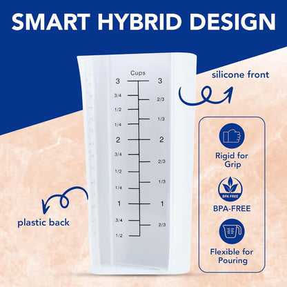 Measuring Cup Set - 2-Piece (1-Cup & 3-Cup Capacity) with Flexible Silicone Front & Rigid Back for Precise, Non-slip Pouring, Easy-Read Measurements (Cups, Oz, ML), Dishwasher Safe