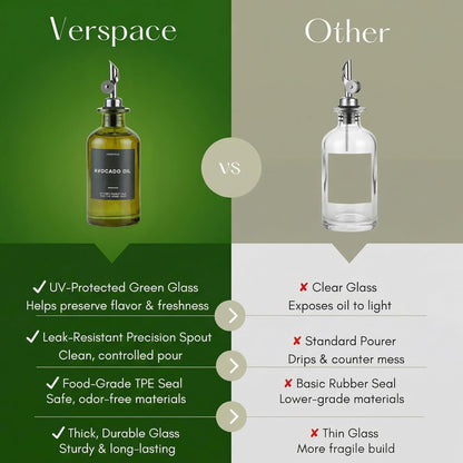 Verspace UV-Protected Green Glass Olive Oil Dispenser Bottles For Kitchen - 2 Pack - 12oz Includes 40 Kitchen Essential Labels, Avocado Oil Dispenser Set, Modern Decor for Home, Airbnb, Cafe