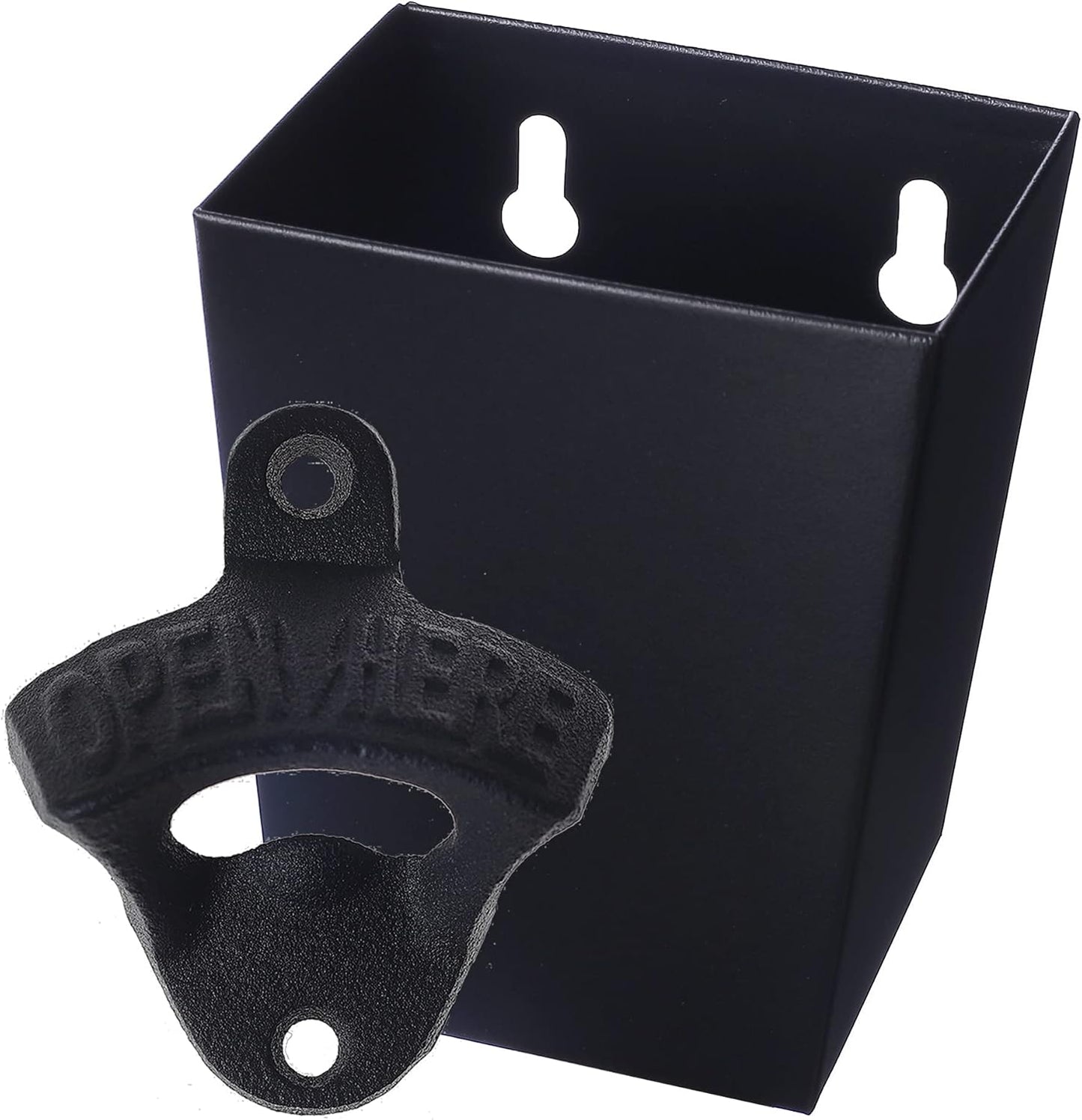 Satin Black Cast Iron Bottle Opener Wall Mounted with Bottle Cap Catcher Narrow