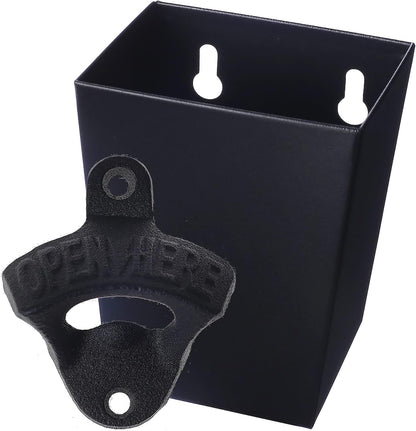Satin Black Cast Iron Bottle Opener Wall Mounted with Bottle Cap Catcher Narrow