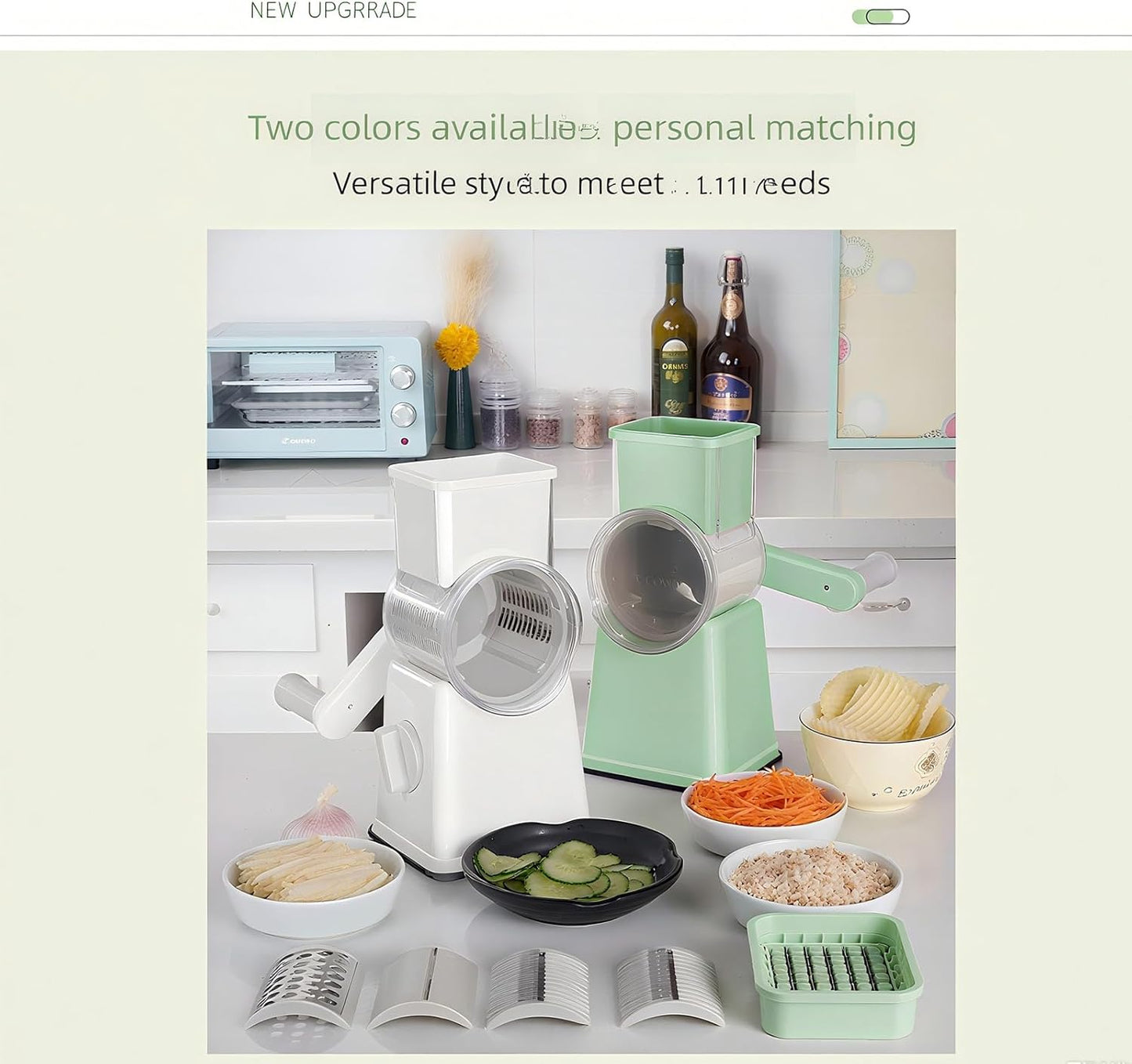 Rotary Cheese Grater and Shredder | Vegetable Chopper and Slicer | 8 Blades Manual Food Cutter | Multi-Function Grater | green
