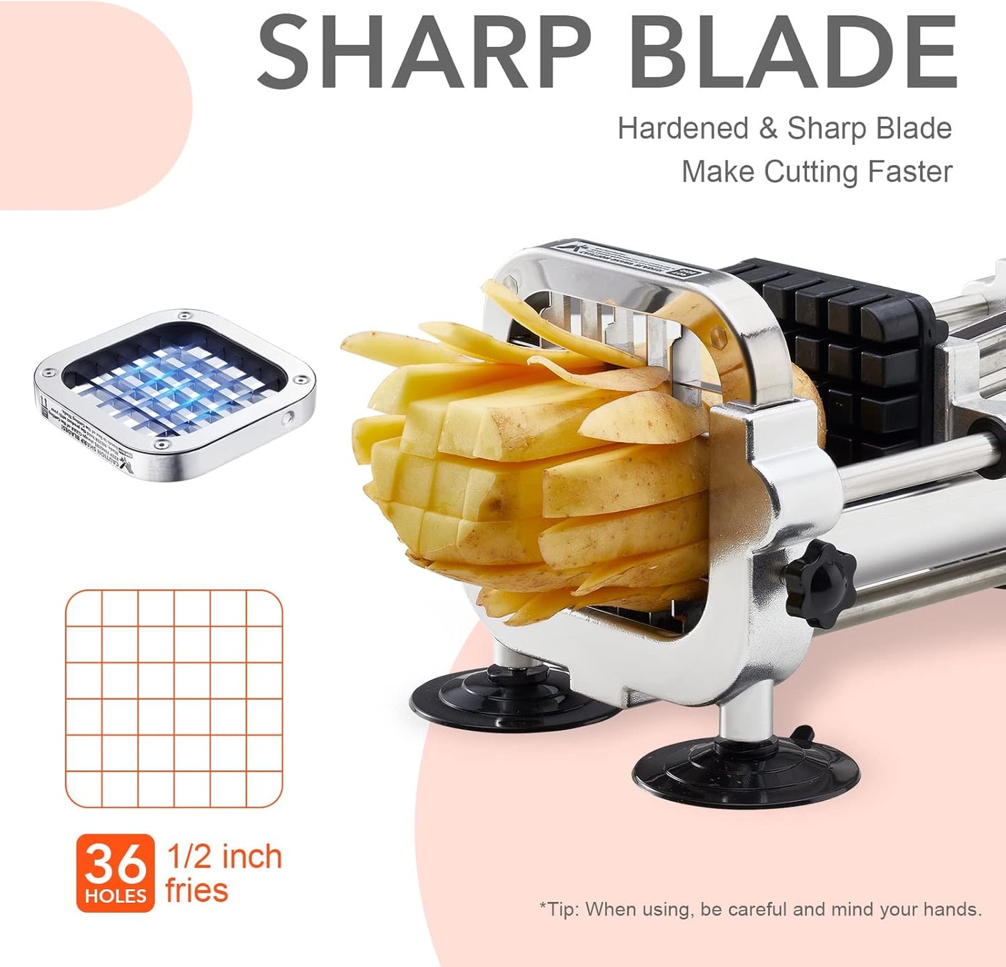 French Fry Cutter, Stainless Steel Potato Cutter with 1/2 Inch, 3/8 Inch and 1/4 Inch Blades (Manual Cutter, 1/2 '' & 3/8 '' & 1/4 '' Blade)