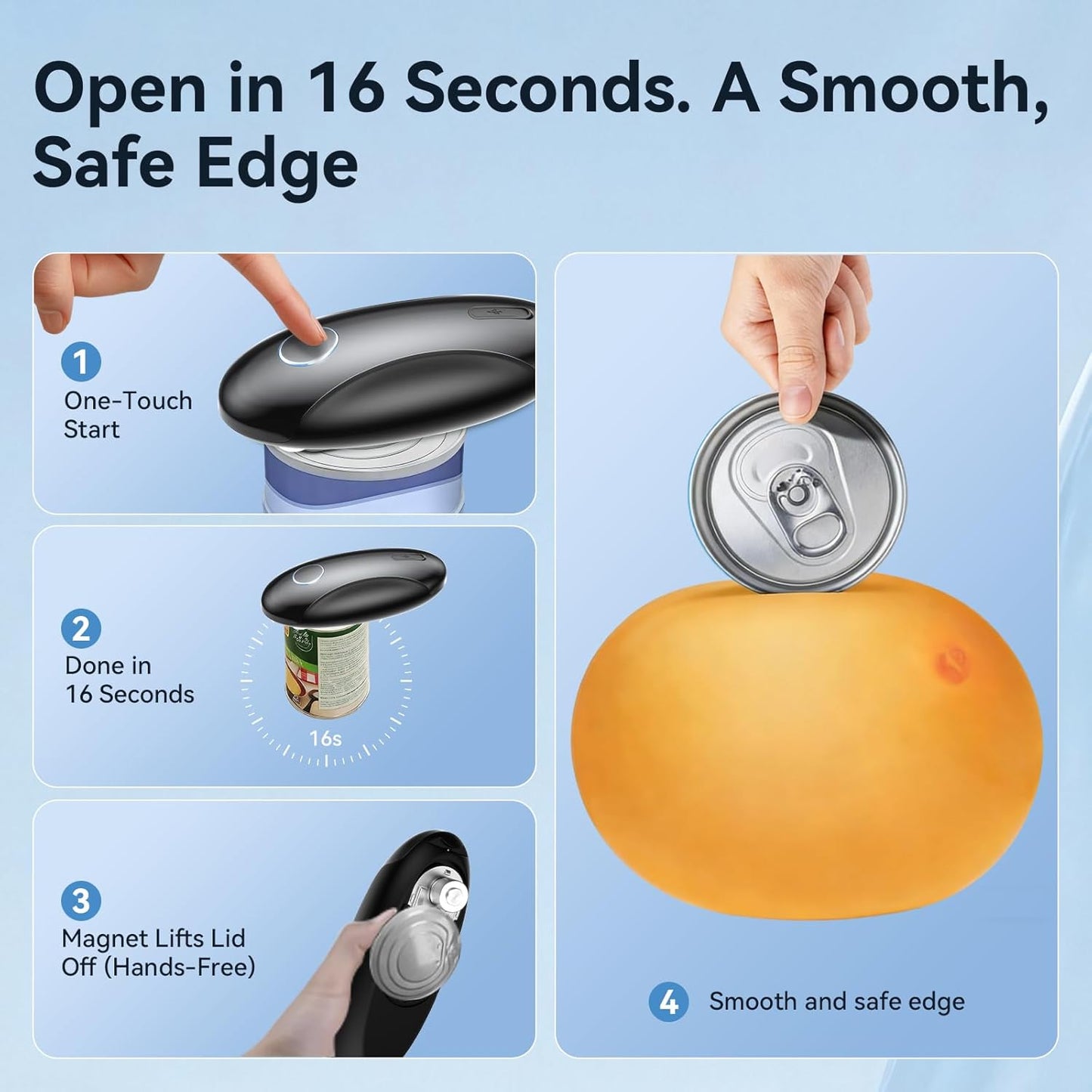 Rechargeable Electric Can Opener for Seniors & Arthritis, Automatic One-Touch Operation, Smooth Edge Cutting with Auto Stop & Magnetic Lid Lifter, Hands-Free, USB-C, Compact, Black