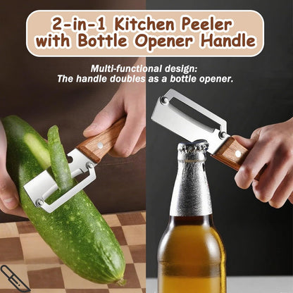 Premium Vegetable Peeler with Wooden Handle and Bottle Opener, Multi Functional Vegetable Peeler for Kitchen, Stainless Steel Blade Kitchen Tool for Vegetables or Fruits That Need to Be Peeled(1PCS)