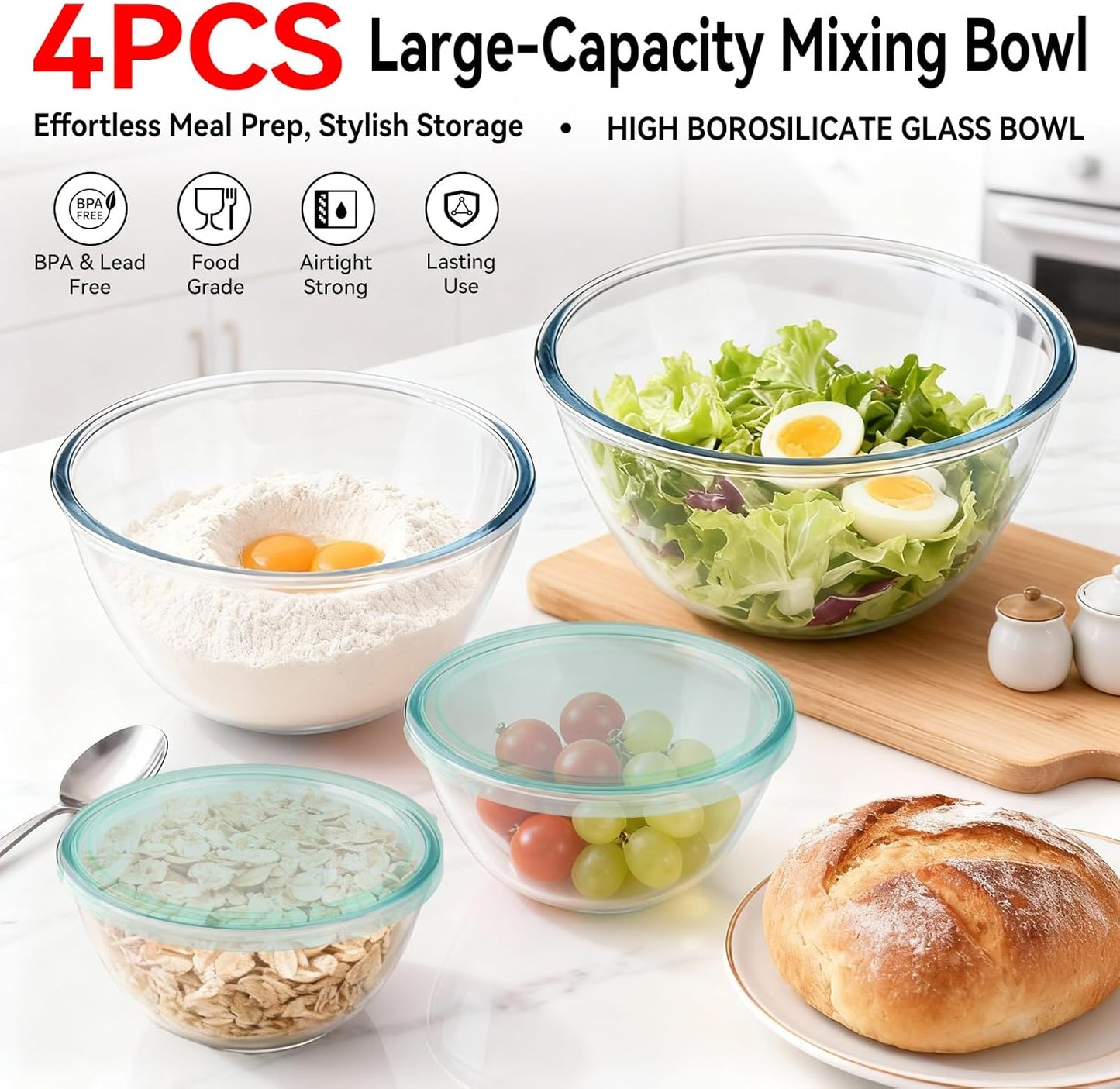 YUANYE 4 Pack Glass Mixing Bowls with Lids Set (3/1.7/0.9/0.6QT),Thick Glass Large Salad Bowl Set, Nesting Kitchen Bowls for Serving, Prepping, Cooking and Baking, Dishwasher, Oven,Microwave Safe
