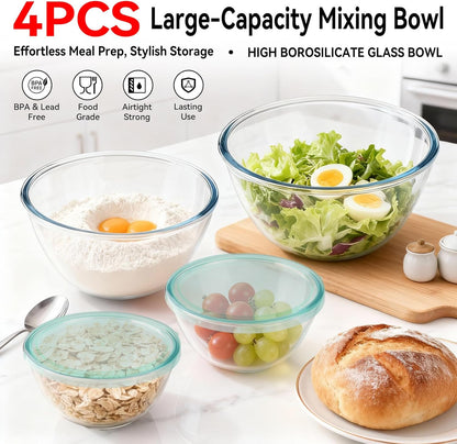 YUANYE 4 Pack Glass Mixing Bowls with Lids Set (3/1.7/0.9/0.6QT),Thick Glass Large Salad Bowl Set, Nesting Kitchen Bowls for Serving, Prepping, Cooking and Baking, Dishwasher, Oven,Microwave Safe