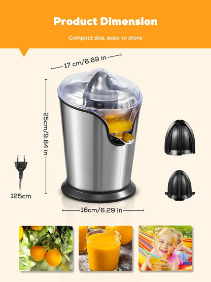 Aiheal Orange Juicer Machine Electric Citrus Juicer with Two Interchangeable Cones Suitable for All Size of Citrus Fruits, Anti-drip Spout and Ultra Quiet Motor, BPA Free, Brushed Stainless Steel