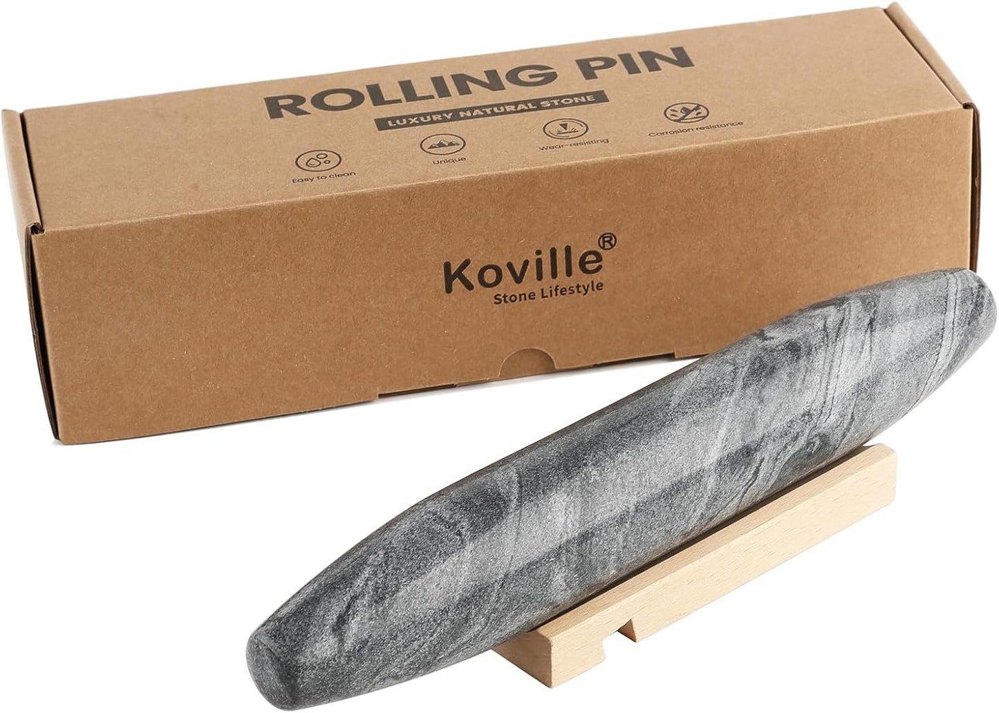 Koville African Natural Marble Rolling Pin, Non-Stick Polished Dough Roller, Pasta, Dumpling, Fondant, Pie Crust, Bread, Pizza Dough, Kitchen Baking Pastry Tools with Mat/Scraper（Namib Fantasy）