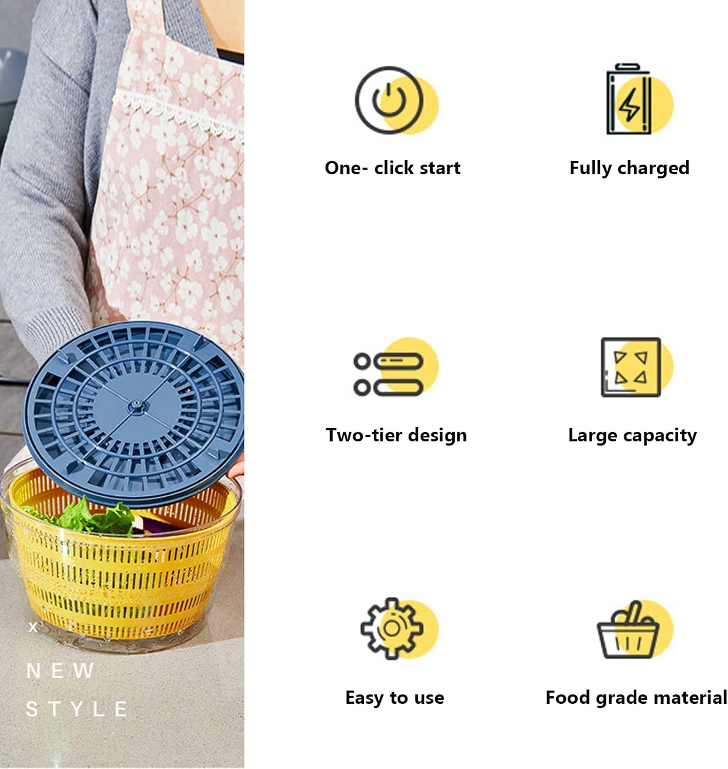 Electric Salad Spinner, 4L Lettuce Spinner Large Capacity USB Chargeble Fruit Vegetable Washer Dryer for Home Kitchen (Gray)