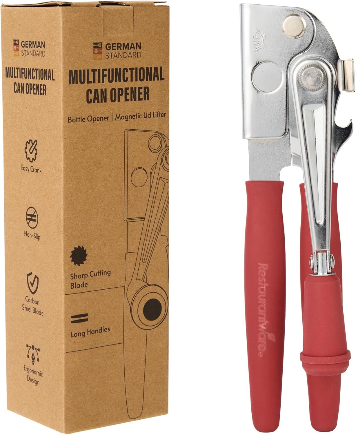 Restaurantware Stainless Steel Magnetic Manual Can Opener - German Standard Red Crank Can Opener with Magnet, Ergonomic Handles, Non-Slip - Heavy-Duty Hand Can Opener, Easy Turn, Sharp Blade