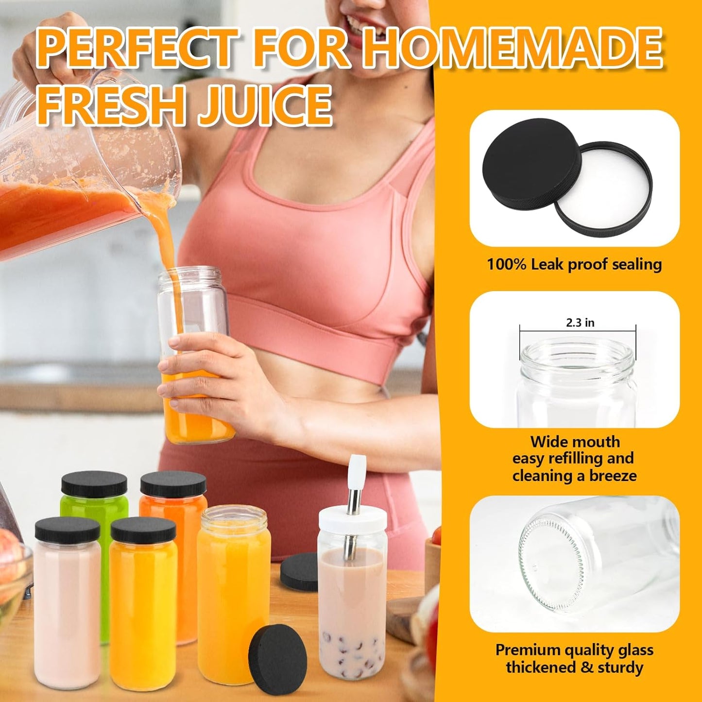 Zukro 12 oz Glass Juice Bottles with Lids & Straw, Airtight & Leak proof, Reusable Clear Small Bottle With Stainless Steel Cap for Juicing, Water, Smoothie & Milk, Dishwasher Safe & BPA Free, 12 Pack
