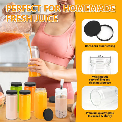 Zukro 12 oz Glass Juice Bottles with Lids & Straw, Airtight & Leak proof, Reusable Clear Small Bottle With Stainless Steel Cap for Juicing, Water, Smoothie & Milk, Dishwasher Safe & BPA Free, 12 Pack