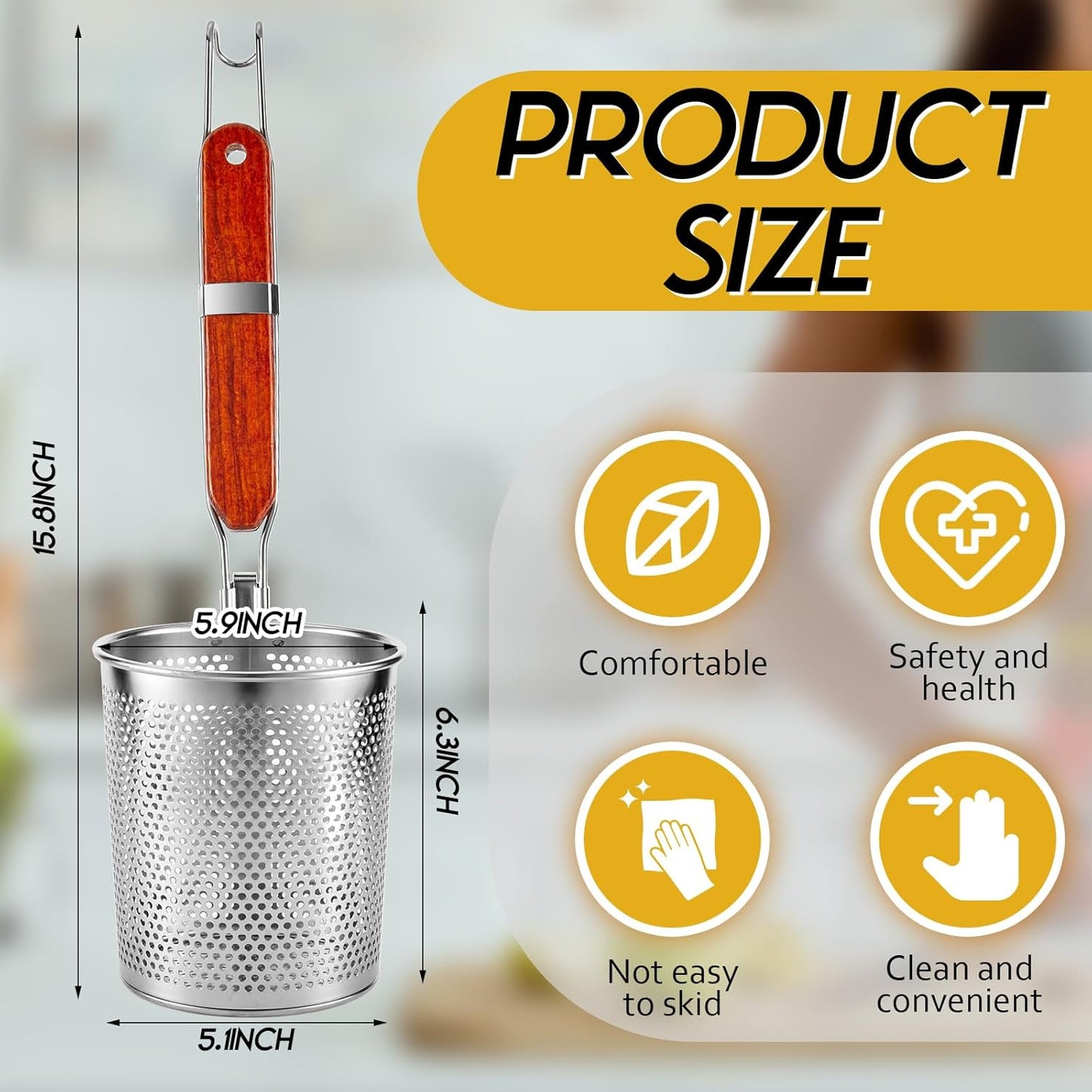 Tessco 4 Pcs Pasta Strainer, 4.7" x 5.2'' Stainless Steel Pasta Basket Mesh Cooker with Wood Handle, Spider Strainer Kitchen Skimmer for Food Dumpling Noodle Blanching(Dark Color)