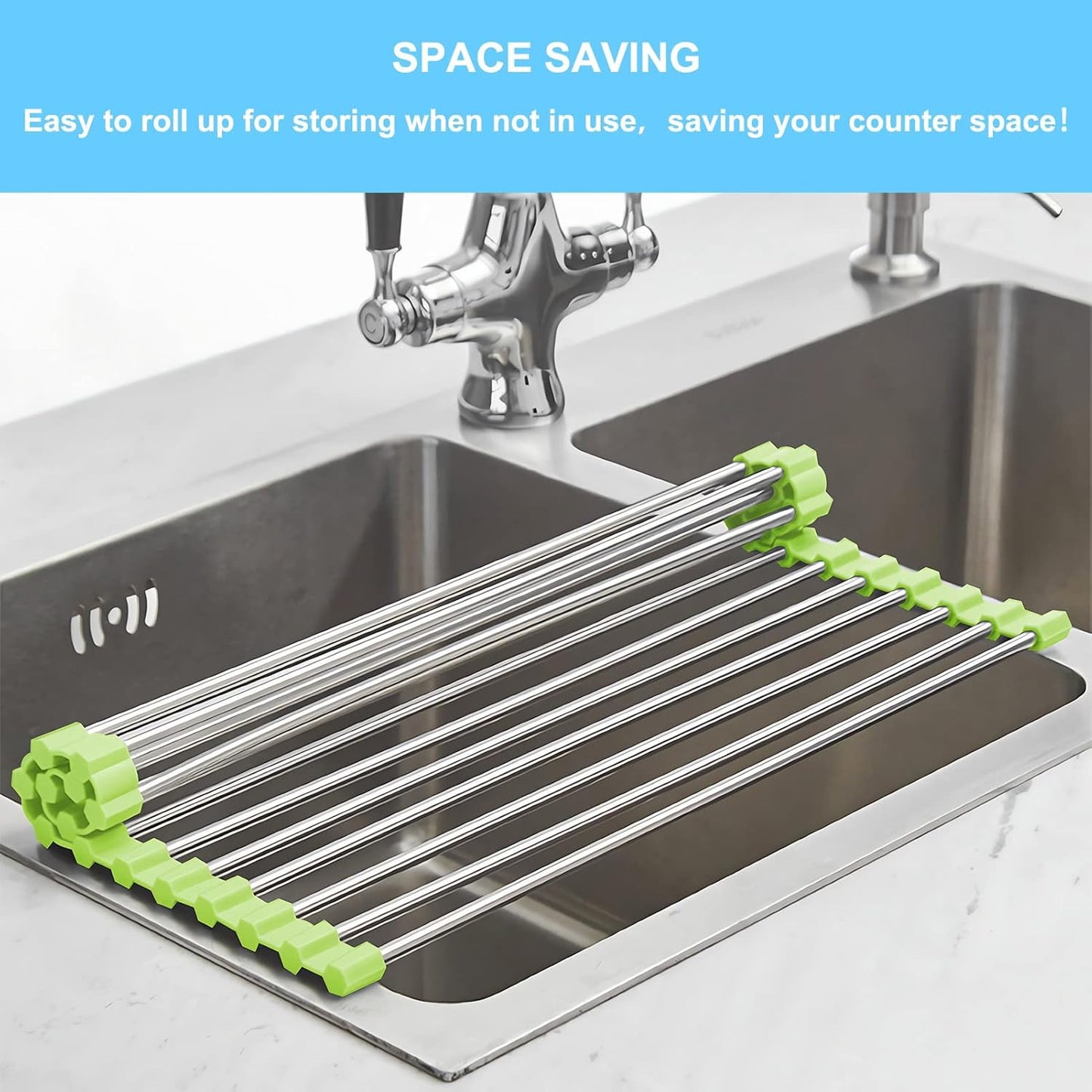 Seropy Roll Up Dish Drying Rack Over The Sink for Kitchen Sink Drying Rack Folding Dish Drainer Mat Rolling Dish Rack Sink Rack Stainless Steel Kitchen Dry Rack Black 17.5x15.7 Inch
