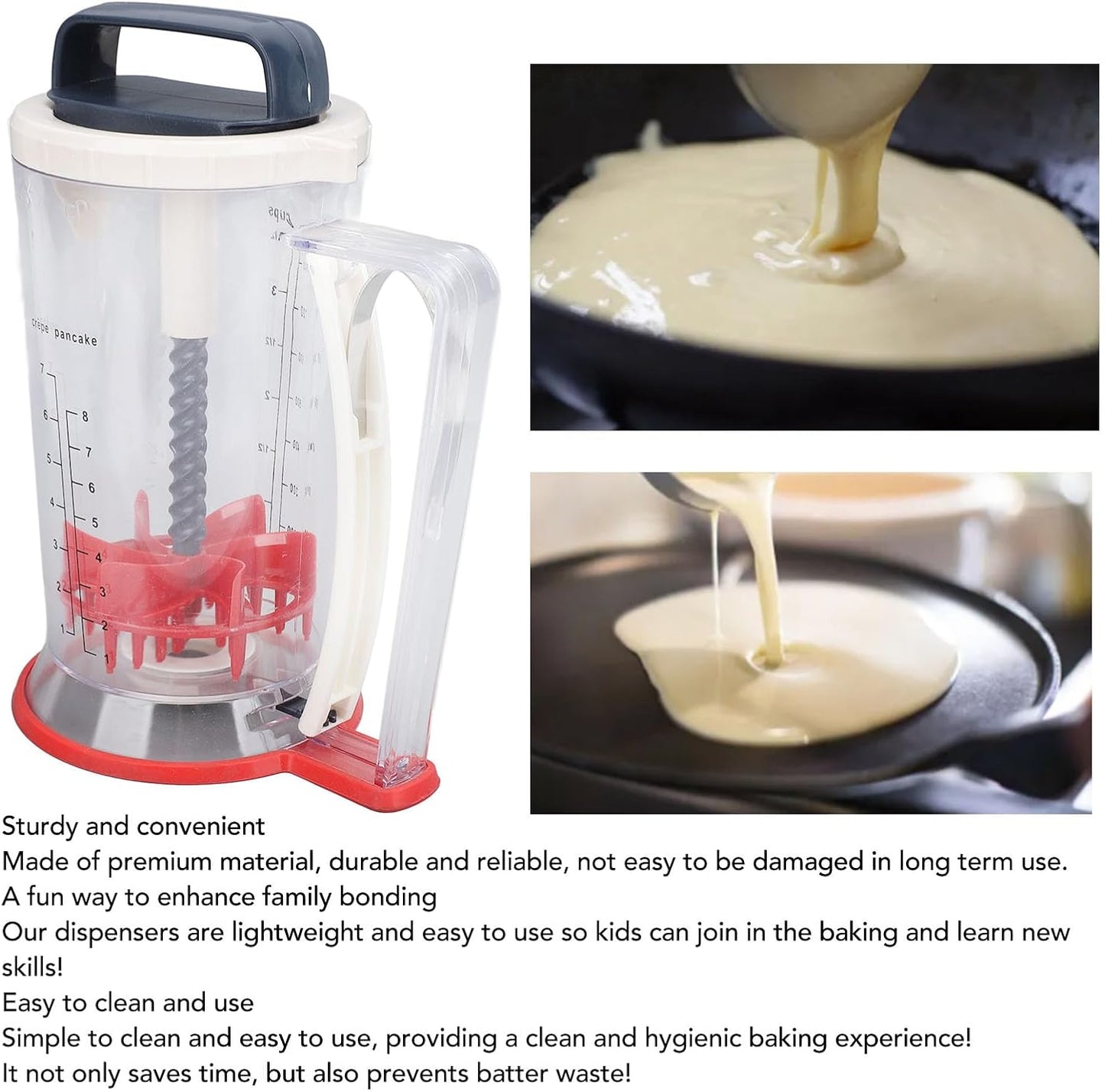 Pancake Batter Dispenser, 900ml Multifunction Manual Batter Separator with Squeeze Handle Mixing Function and Measuring Scale Baking Tool for Pancakes, Waffles, Muffins, Crepes & Cupcakes