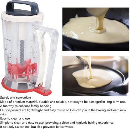 Pancake Batter Dispenser, 900ml Multifunction Manual Batter Separator with Squeeze Handle Mixing Function and Measuring Scale Baking Tool for Pancakes, Waffles, Muffins, Crepes & Cupcakes