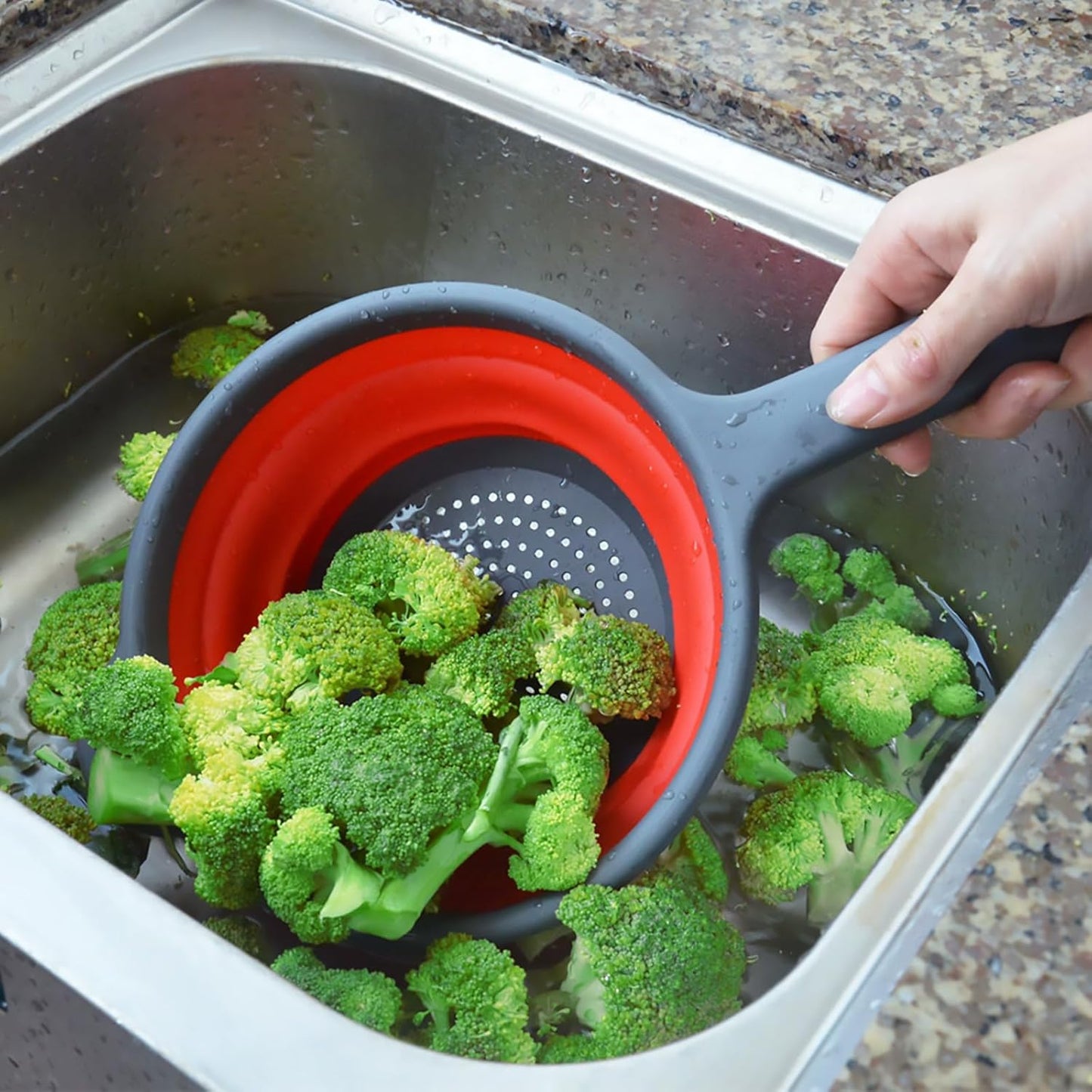 Kitchen Collapsible Colanders Set,Collapsible Colanders with Handles,Dishwasher Safe,Space-Saver Folding Strainer Colander for Draining Pasta Vegetable Fruits (Green)