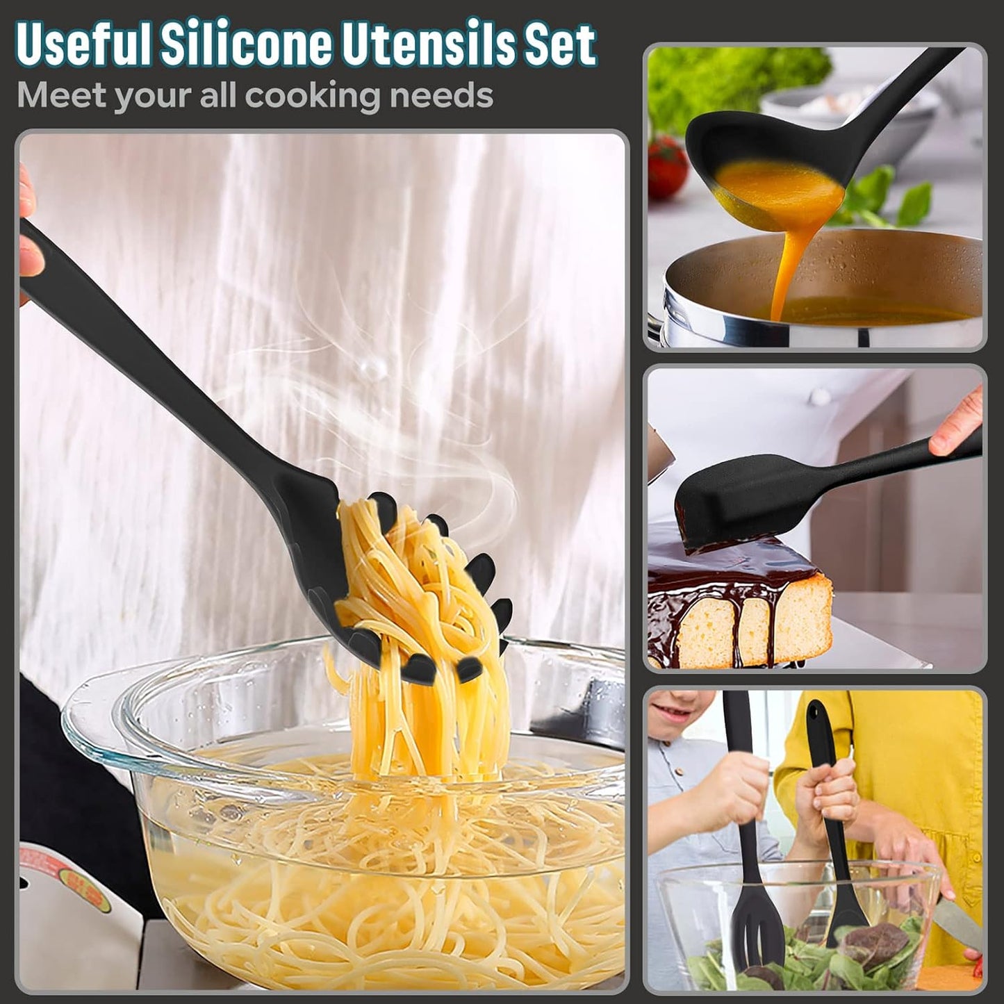 E-far Silicone Cooking Utensils Set, 7-Piece Black Heat Resistant Kitchen Utensils Set, Kitchen Nonstick Tools Spatula Ladle Spoon Pasta Server for Non-stick Cookware, Non-Toxic & Dishwasher safe