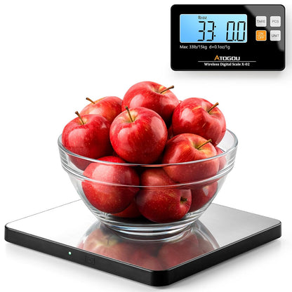 Atogou Upgraded Wireless Food Scale, 33lb/15kg Kitchen Scale with Detachable Display & Larger Platform, 0.1oz/1g, 9 Units, Counting Function, Stainless Steel, for Cooking, Baking, Shipping, Black