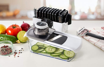 Fullstar Mandoline Slicer for Kitchen, Fruit Cutter, Cheese Grater, Cucumber Slicer, Veggie Spiralizer, Food Cutter & Kitchen Gadgets & Gifts with Safety Glove (6 in 1, White)