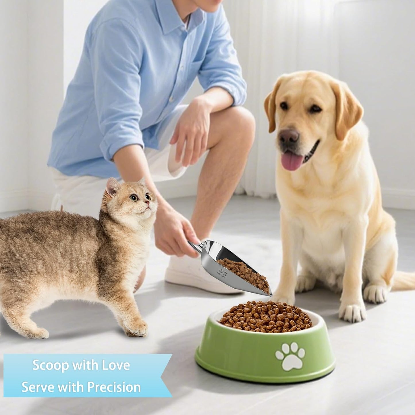 Dog-Cat Food Scoop 1 Cup – Thickened 304 Stainless Steel Pet Food Scoop with Long Handle, Precision Scale, Easy to Clean, Suitable for Wet Dry Food