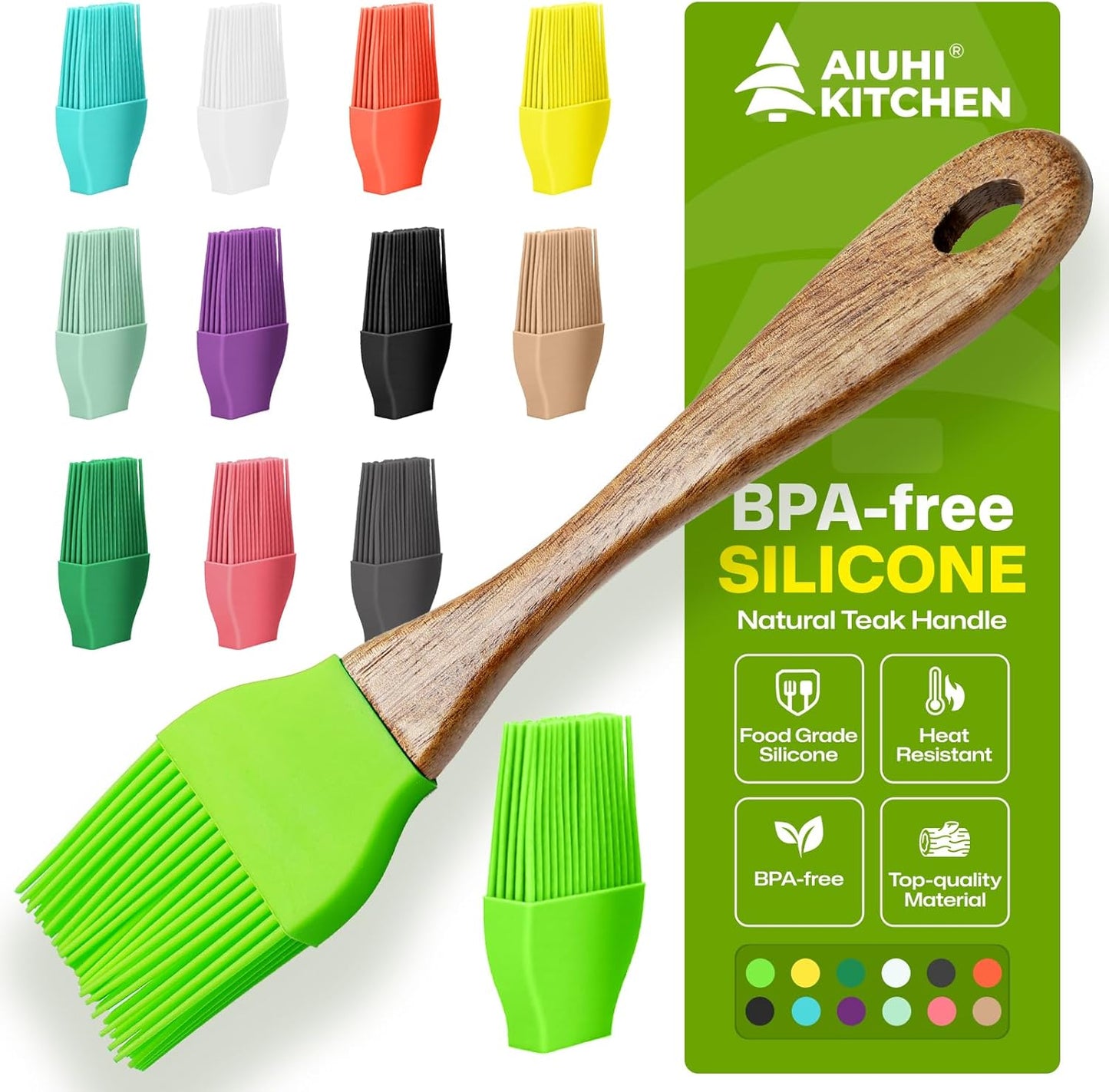 AIUHI Basting Brush for Cooking, Silicone Oil Brush with Wooden Handle, Heat Resistant Pastry Brushes with 12 Color Silicone Brush Head