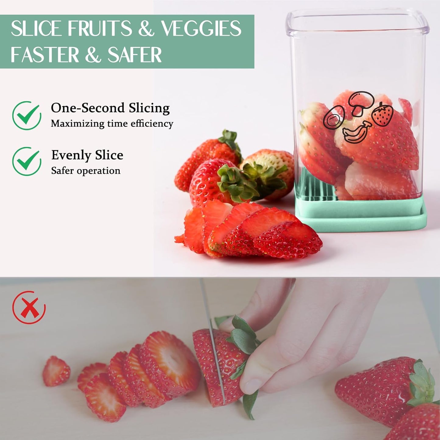 Cup Slicer, Stainless Steel Strawberry & Banana Slicer, Speed Fruit Cutter with Push Plate, Quickly Making Salad, Must Have Kitchen Gadget (Cyan)