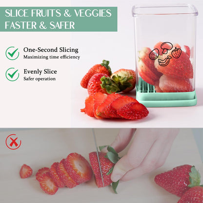 Cup Slicer, Stainless Steel Strawberry & Banana Slicer, Speed Fruit Cutter with Push Plate, Quickly Making Salad, Must Have Kitchen Gadget (Cyan)