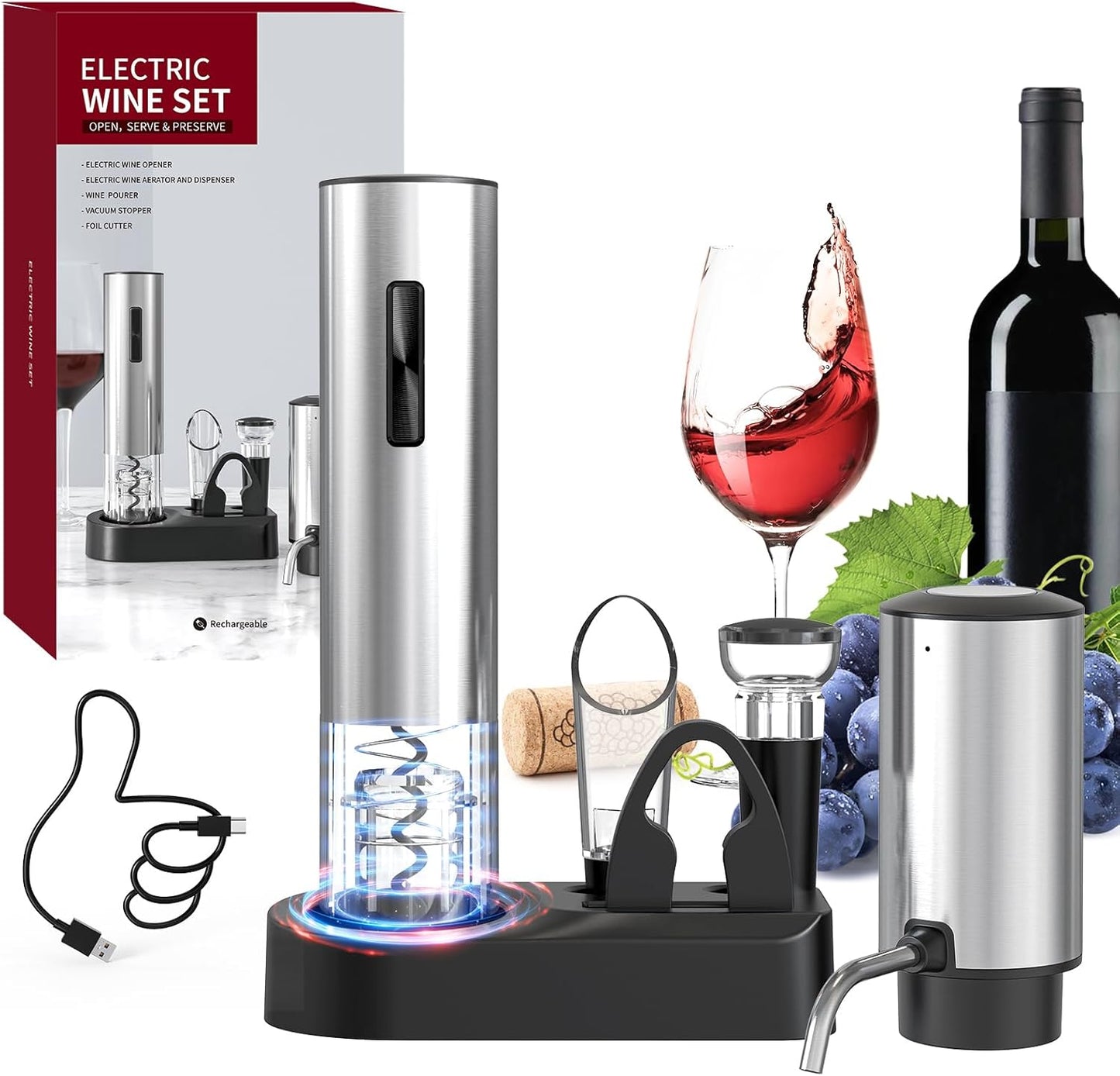 CIRCLE JOY Electric Wine Opener Stainless Steel Rechargeable Automatic Wine Bottle Opener Set 7-in-1 Wine Gifts for Wine Lovers with Charging Base, Foil Cutter, Wine Aerator Pourer & 2 Vacuum Stoppers