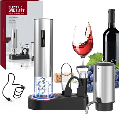 CIRCLE JOY Electric Wine Opener Stainless Steel Rechargeable Automatic Wine Bottle Opener Set 7-in-1 Wine Gifts for Wine Lovers with Charging Base, Foil Cutter, Wine Aerator Pourer & 2 Vacuum Stoppers
