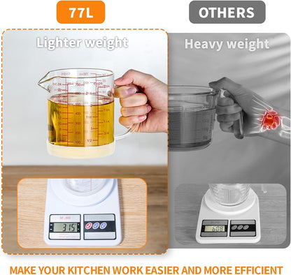 4 Cup Glass Measuring Cup with Handle, 77L High Borosilicate Glass Measuring Cup with V-Shaped and Three Scales (Cup, OZ, ML), Glass Liquid Beaker with Silicone Base, Double-Sided Measure Scales