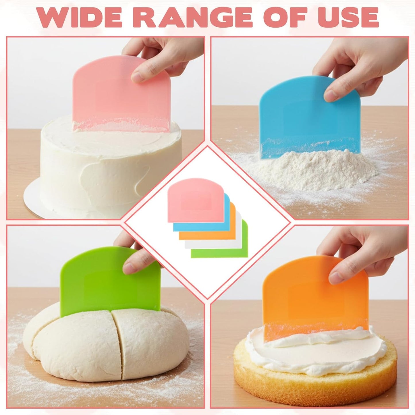 5 Pcs Plastic Bench Scraper, Flexible Dough Cutter Bench Scraper for Sourdough, Food-safe Plastic Bowl Scrapers Kitchen Tool for Baking Cake Bread Fondant Icing (White, Green, Orange, Blue, Pink)
