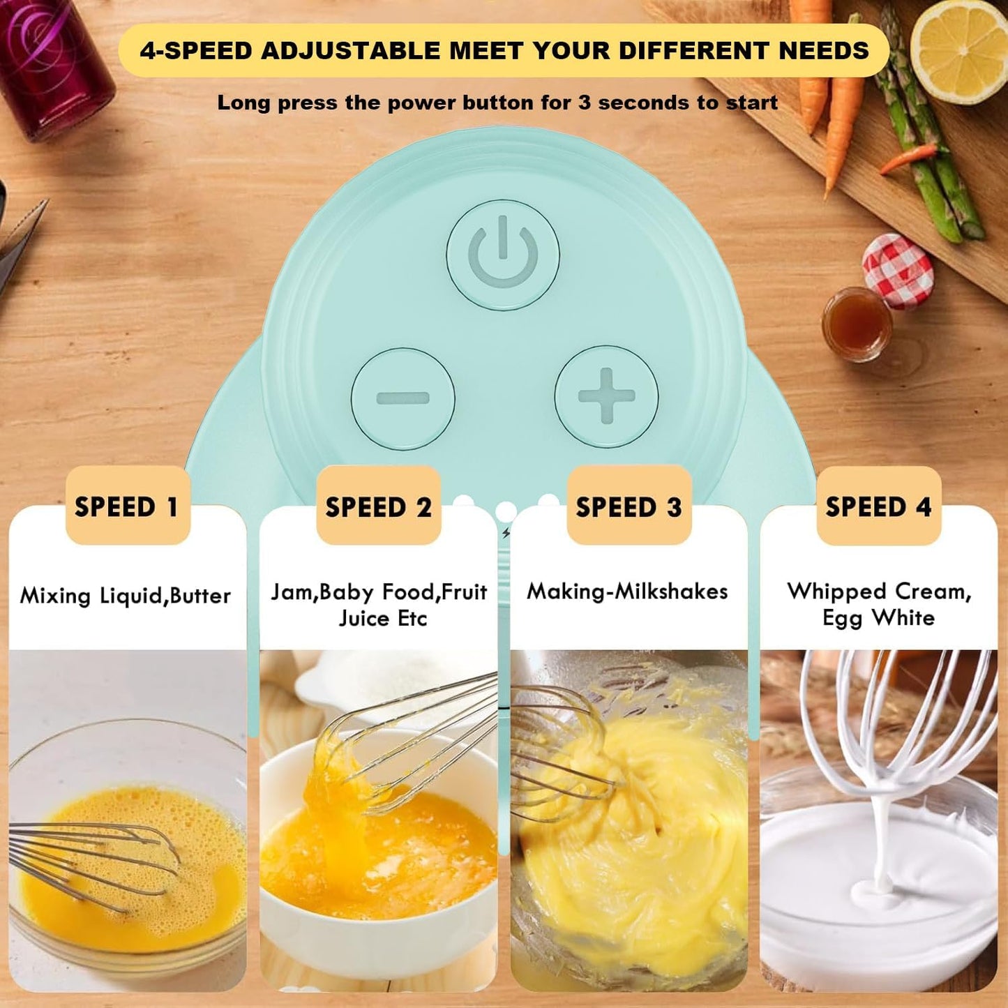 Cordless Hand Mixer MixgoII, Handheld Mixer Electric Whisk & Milk Frother, Hand Held Mini Mixers, Rechargeable Hand Mixer and Whisker, Food Processor for Cooking, Food Chopper, 4-Speed, 10Oz